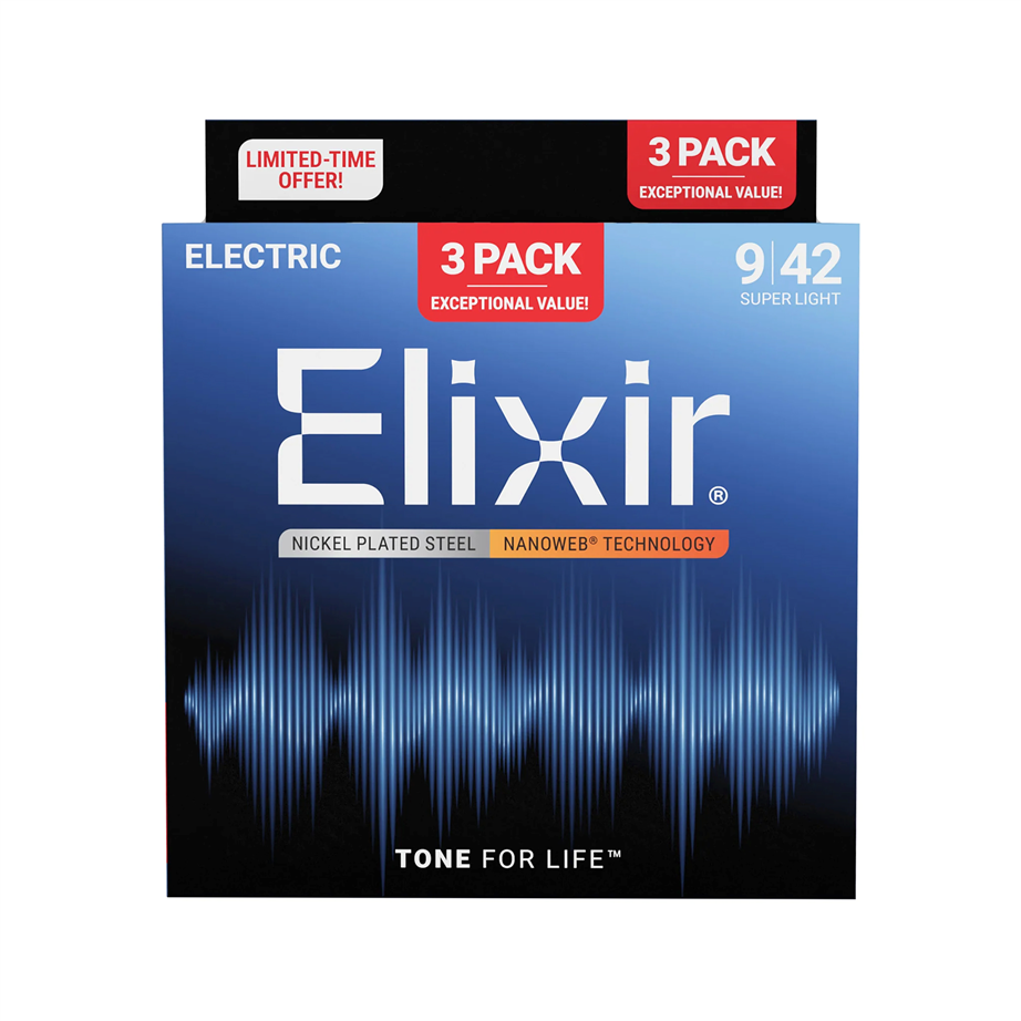 Jogo Cordas Guitarra Eléctrica Elixir Nanoweb Nickel Plated Steel 009-042 (3 pack)