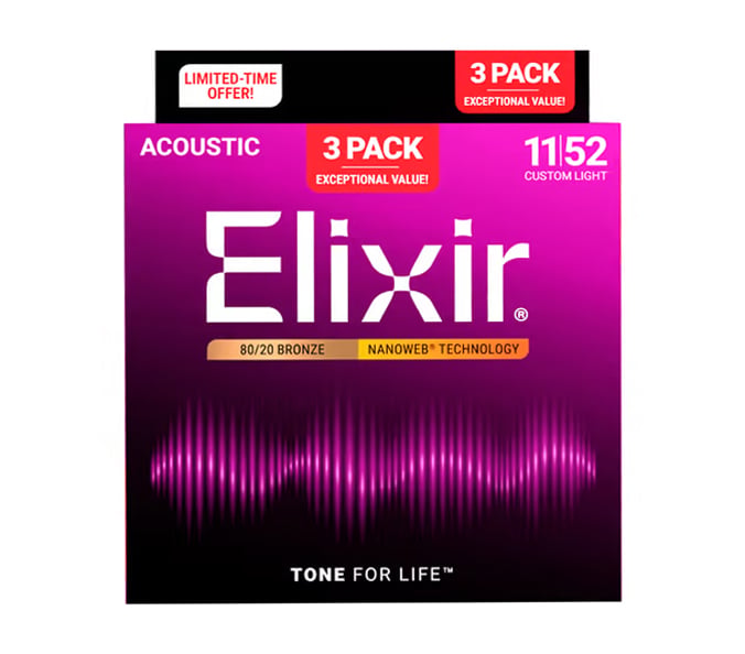 Elixir Nanoweb 80/20 Bronze 011-052 (3 Pack) Acoustic Guitar String Set
