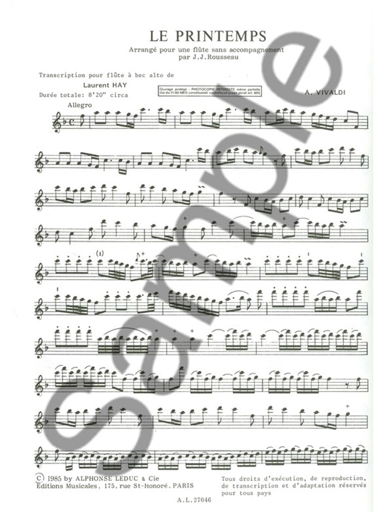 Spring in E major arranged for Alto Recorder Solo