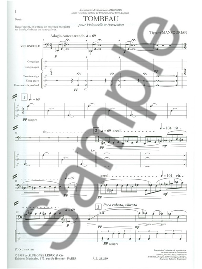 Mansourian Tombeau 1 Executant Cello & Percussion