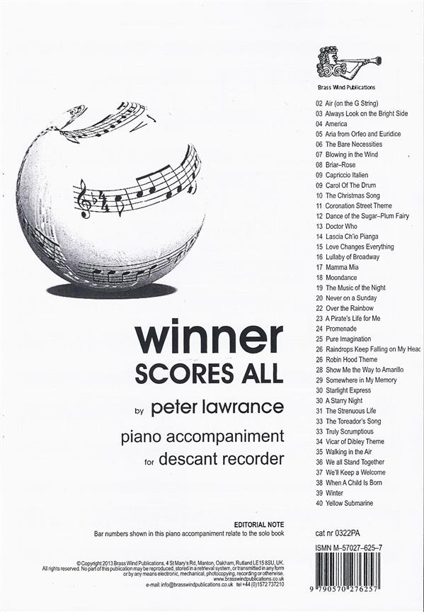 Winner Scores All for Descant Recorder -Piano Acc.