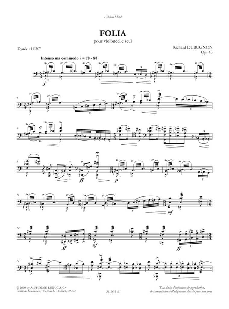 Folia, op. 43 (14'30'') pour violoncelle seul