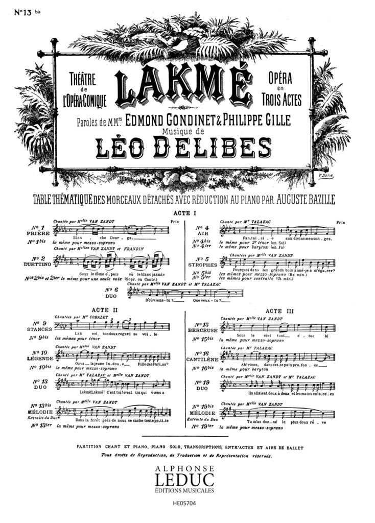 Lakme No 13 Bis Melodie Soprano Solo & Piano