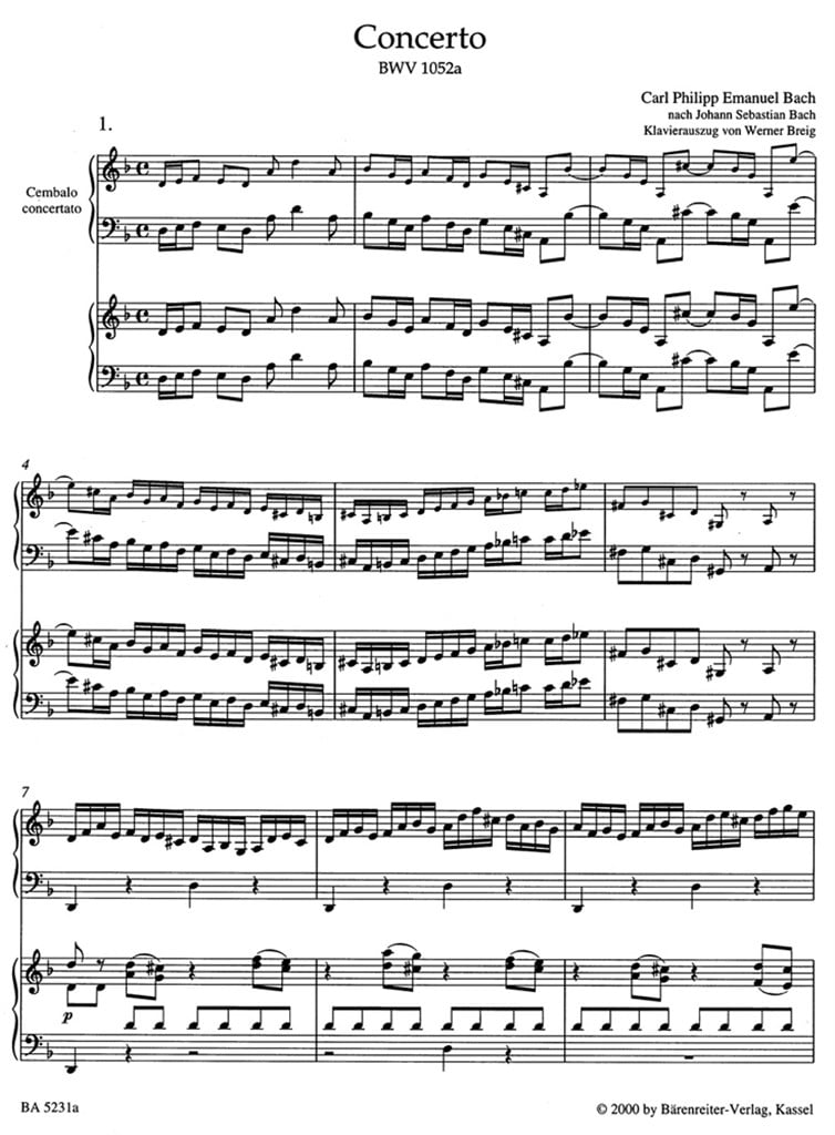 Hapsichord Concerto D Minor Bwv 1052A (Urtext)
