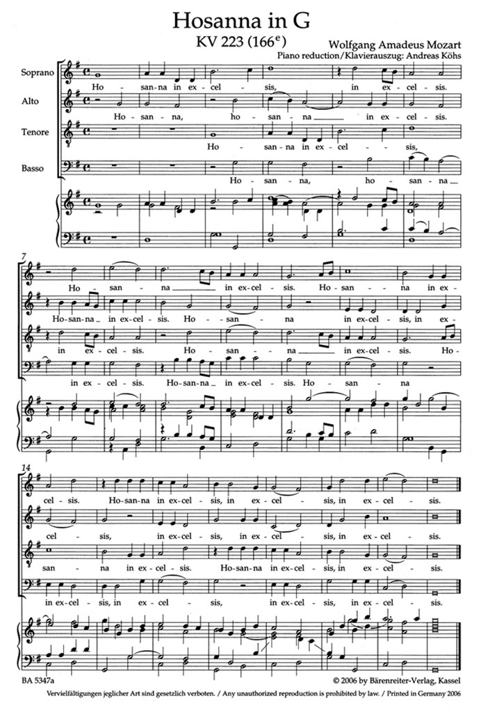Hosanna In G Kv 223 (166E) Satb