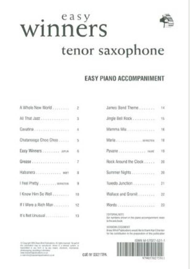 Easy Winners Piano Accompaniment for Tenor Sax