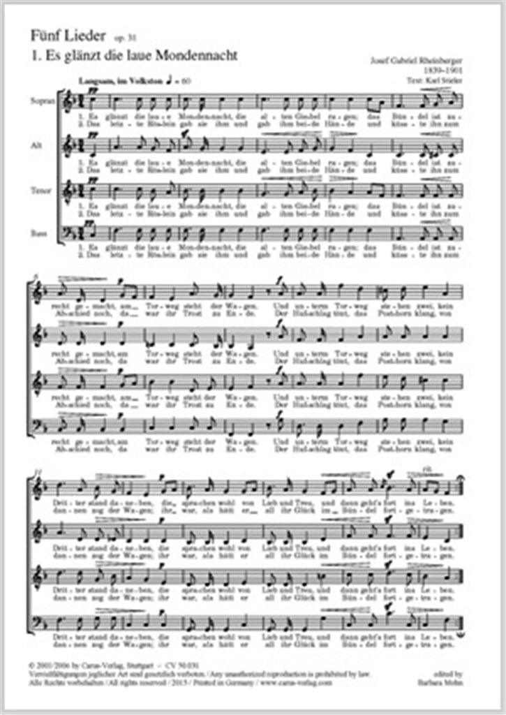 Rheinberger: Fünf Chorlieder [Mörike] op. 31