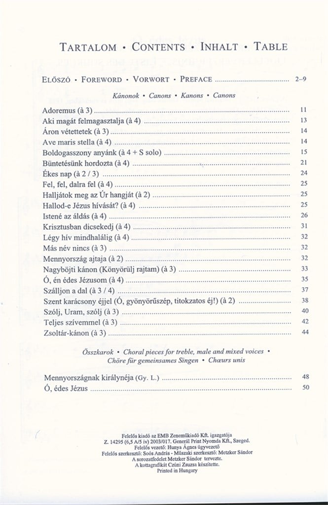 Musica Sacra Kanons, Chöre für gemeinsames Sing