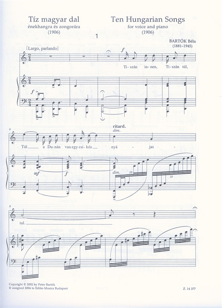 Ten Hungarian Songs for voice and piano (1906)