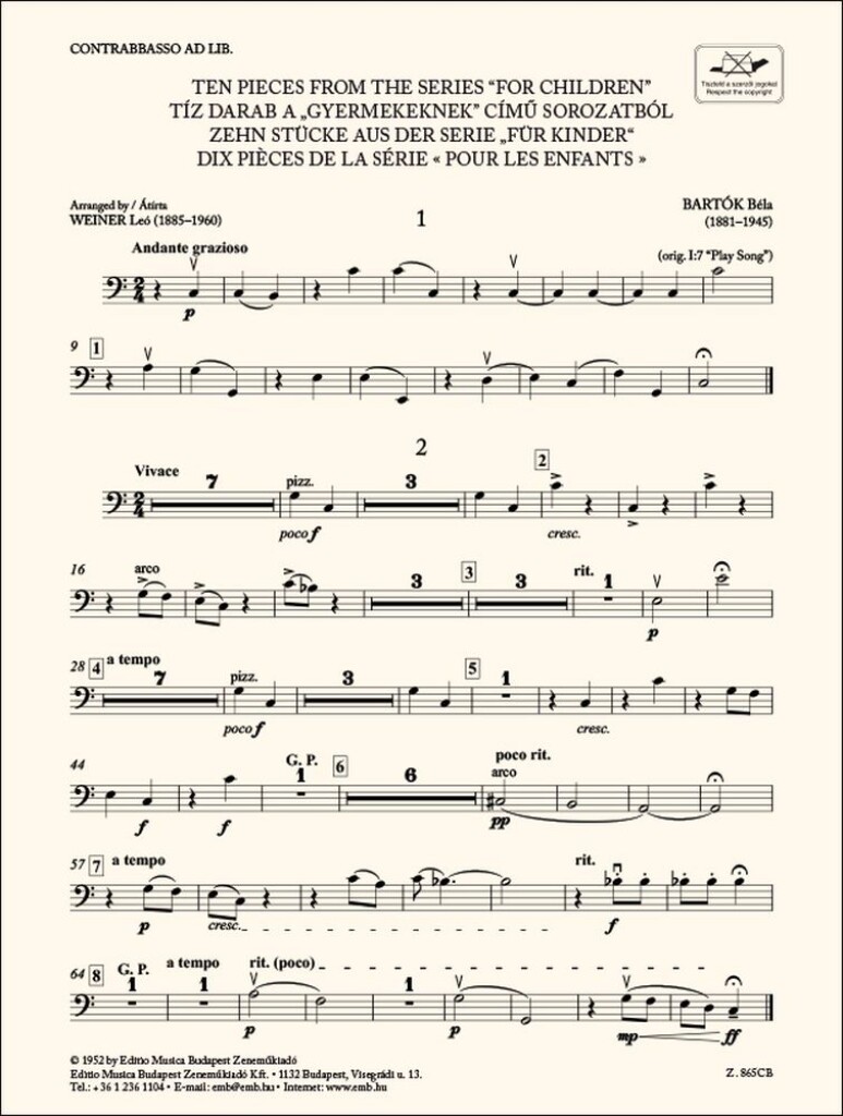 Ten Pieces from the Series 'For Children'-Bass