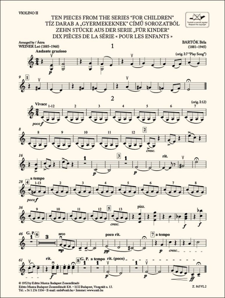 Ten Pieces from the Series 'For Children'-Violin 2