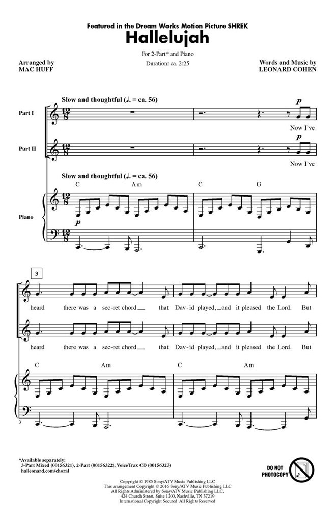 Hallelujah - 2 Part Choir