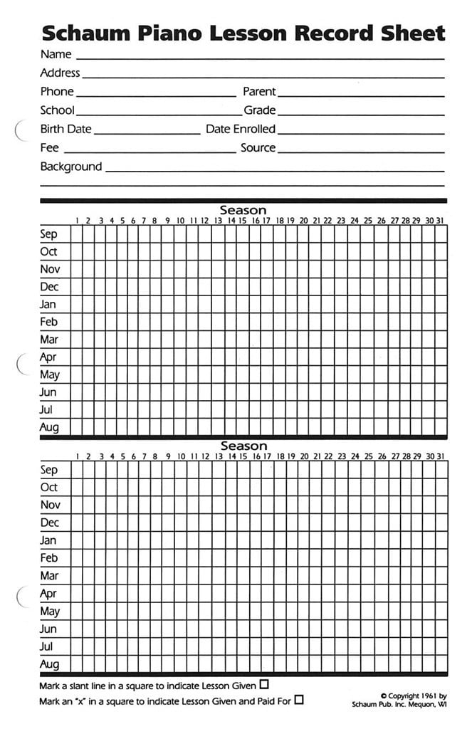 Piano Lesson Record Sheets