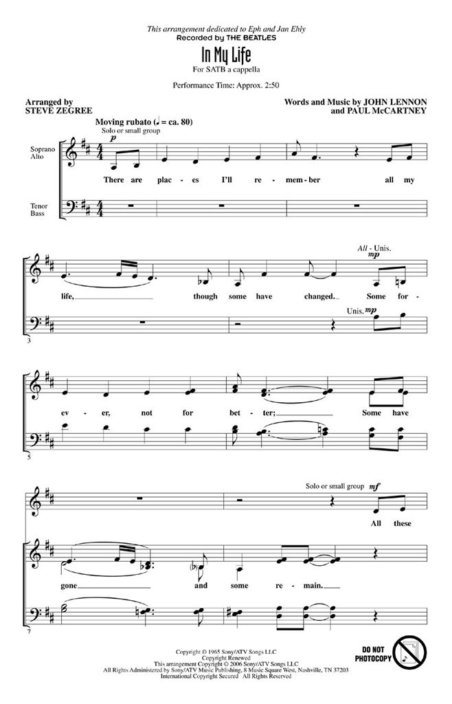 In My Life (SATB Arr. Zegree)