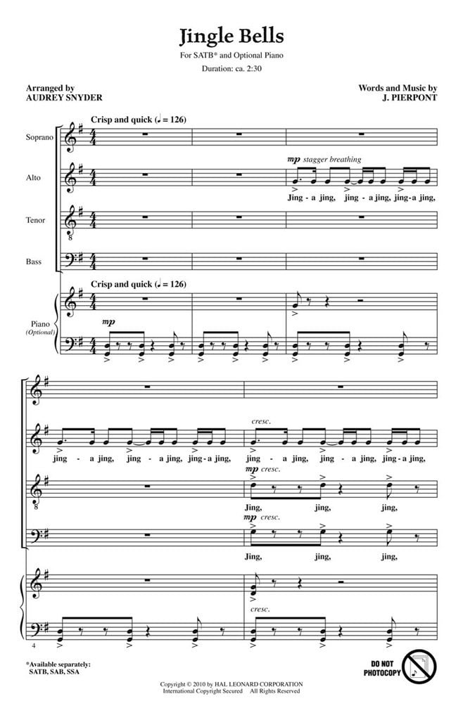 Jingle Bells - SATB (Optional A Cappella)
