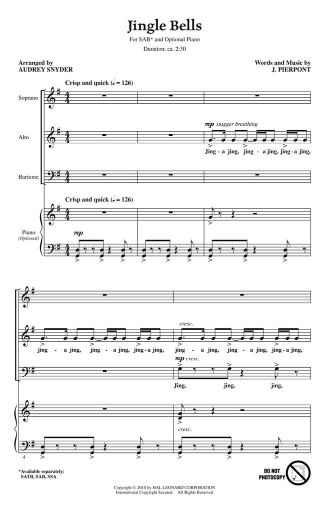 Jingle Bells - SAB (Optional A Cappella)