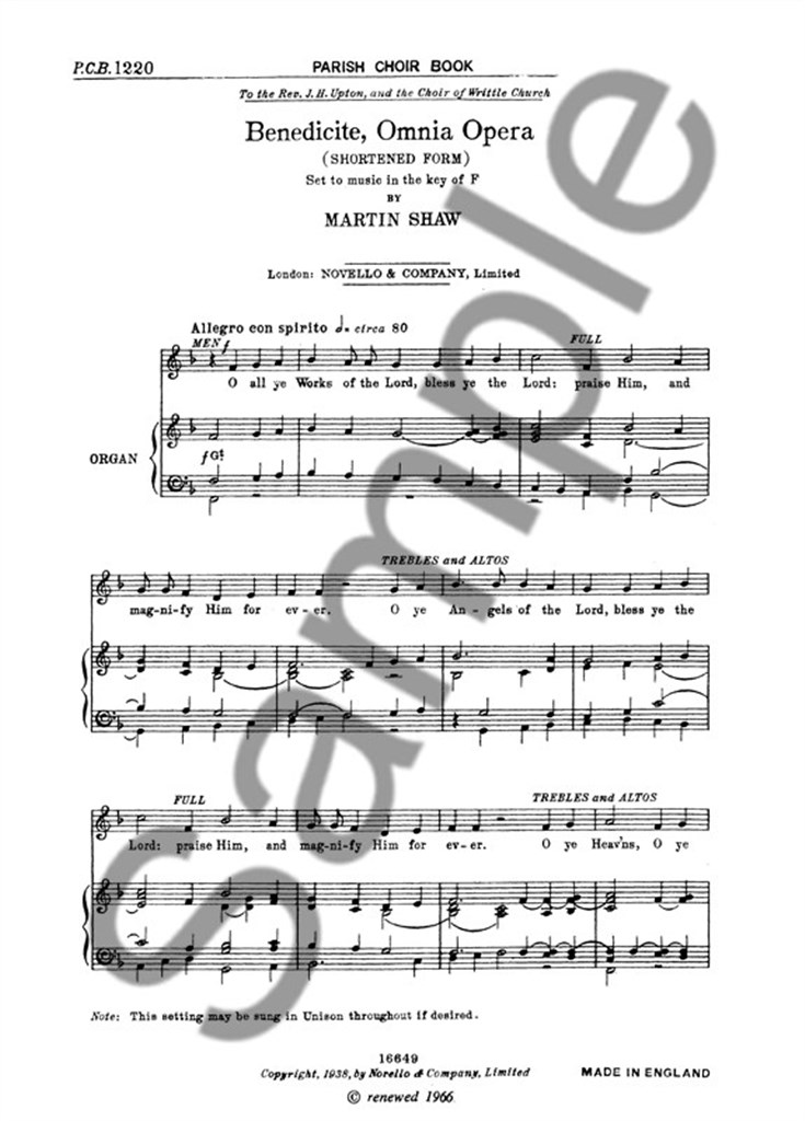 M Benedicite Omnia Opera In F Satb/Organ